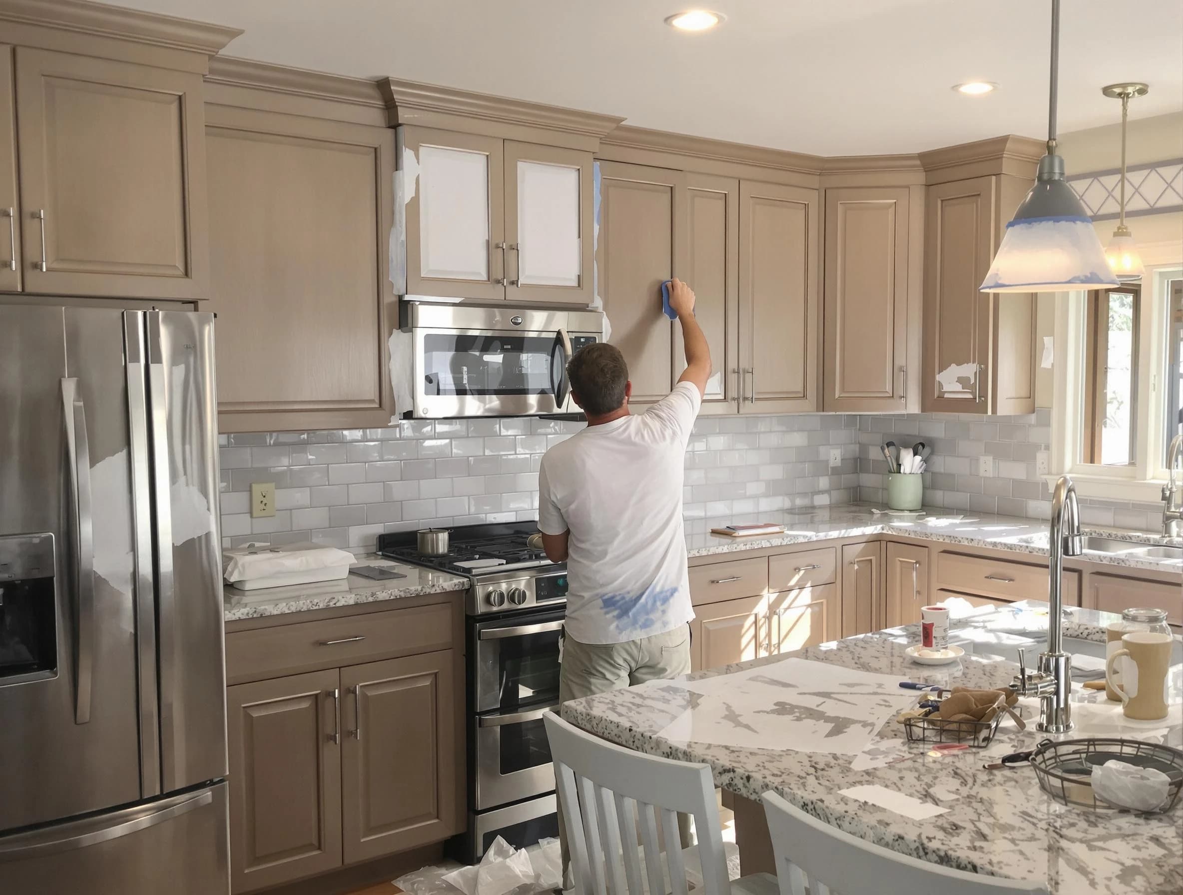 Before-and-after view of kitchen painting by Eastlake House Painters in Eastlake