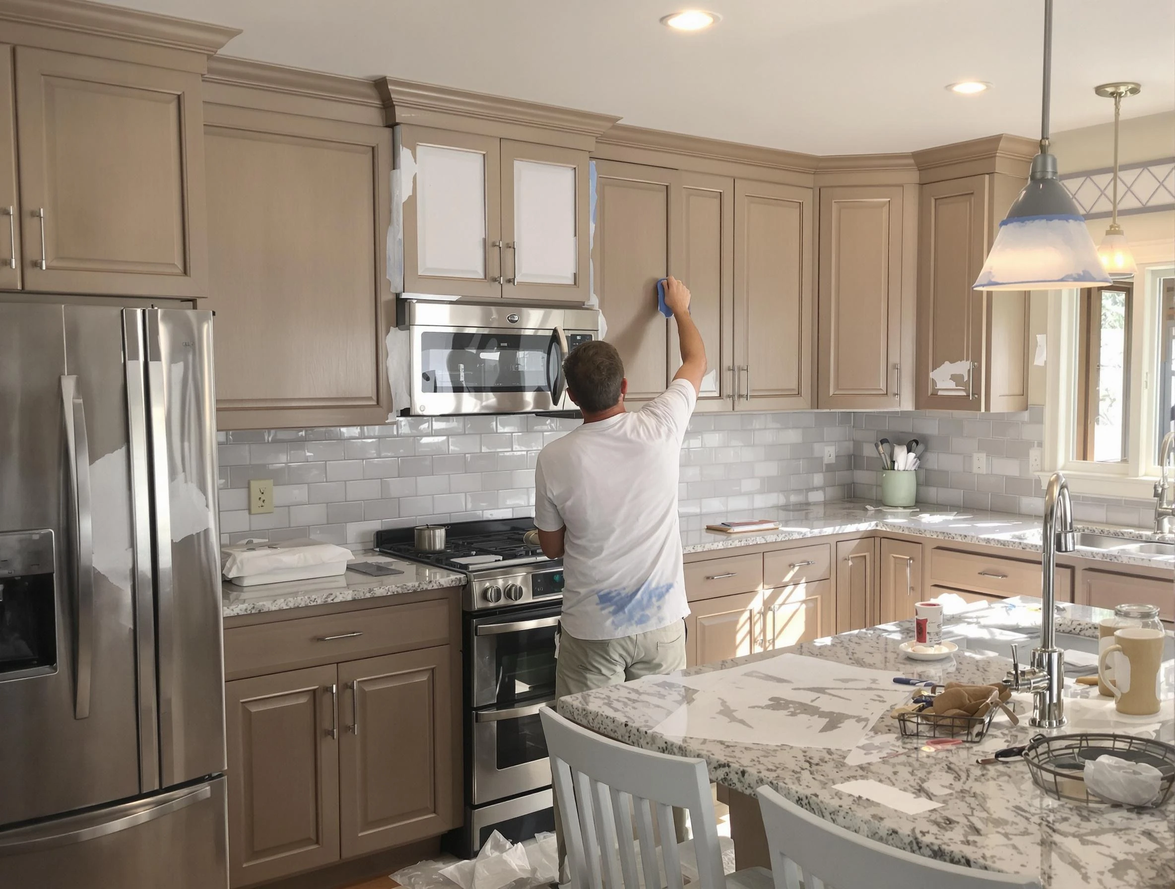 Before-and-after view of kitchen painting by Eastlake House Painters in Eastlake